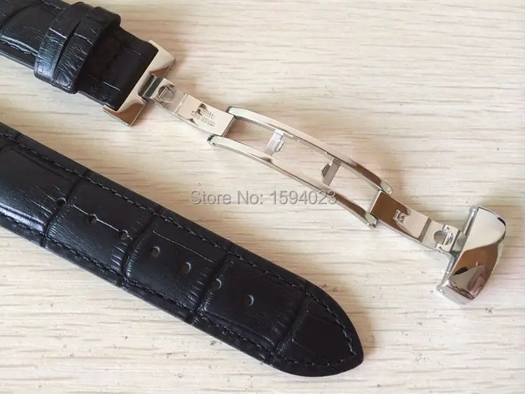 Ремешок из натуральной кожи для мужских часов черный браслет с серебристой