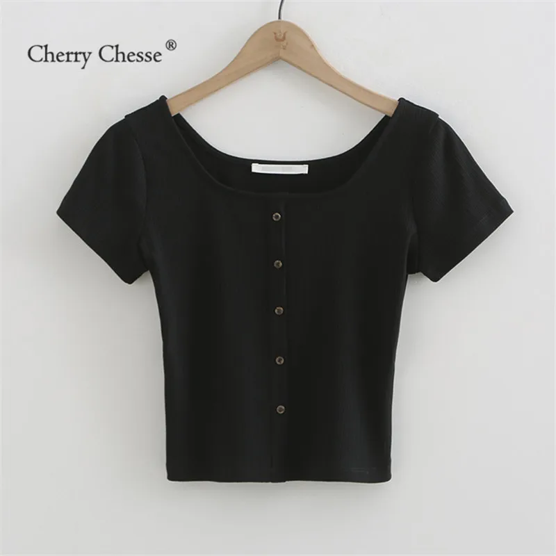 Cherry Chesse для женщин однотонная летняя футболка кнопка тонкий сексуальный