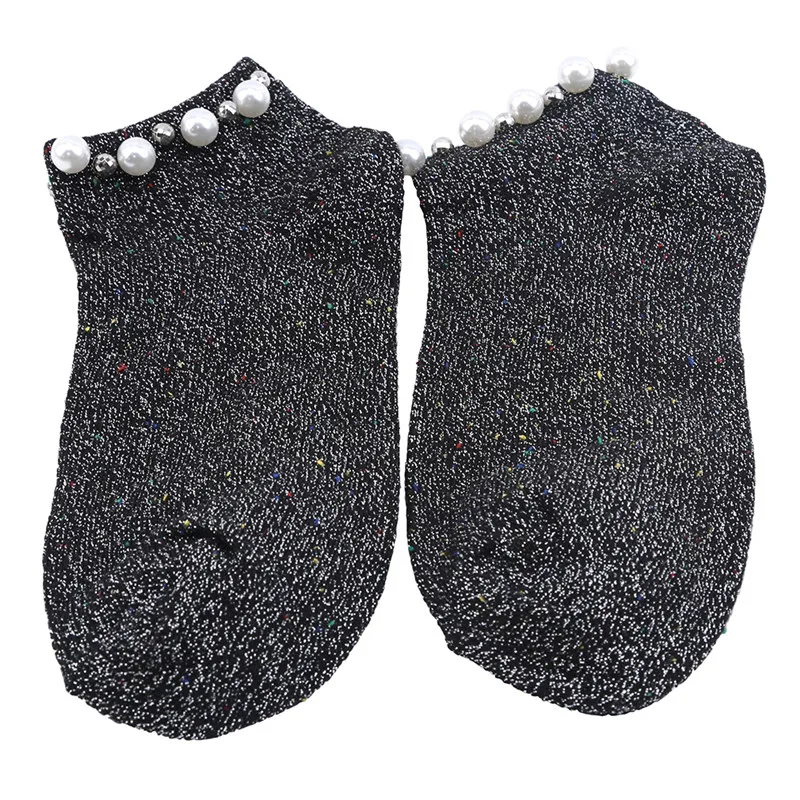 Модные блестящие носки с жемчугом летние женские однотонные модные закрытым
