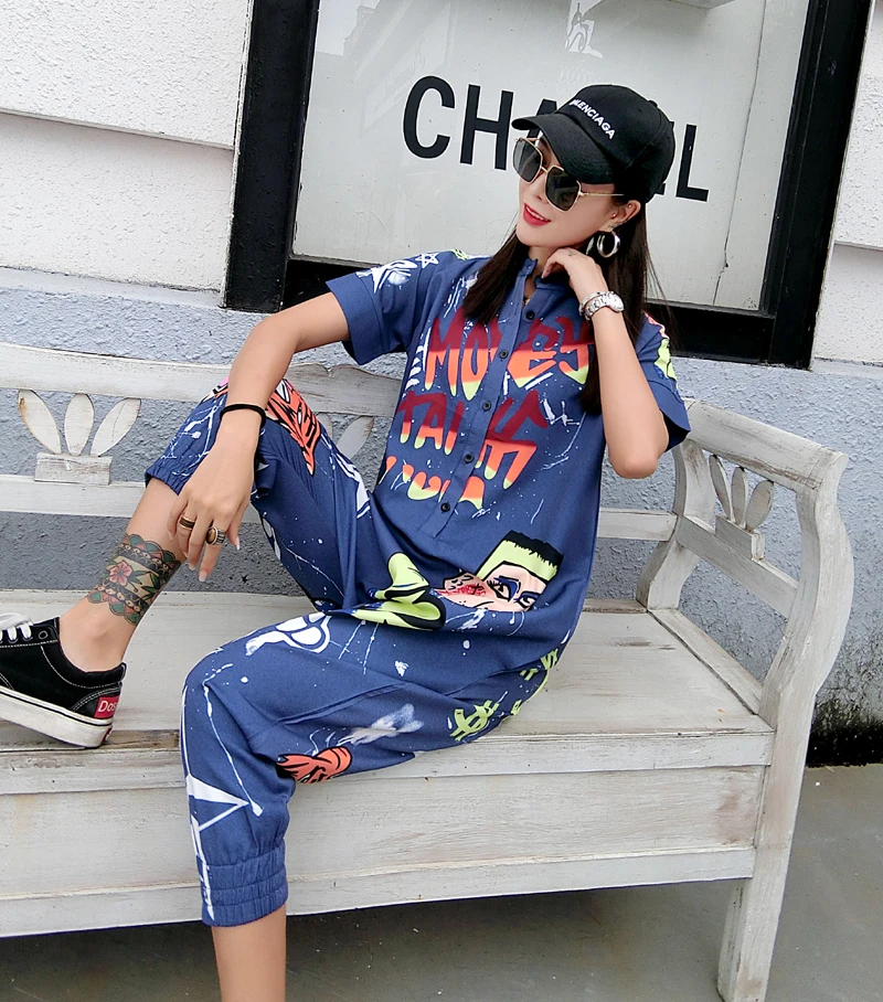 Для женщин Street Wear Мультфильм Граффити Печатные комбинезон отложным воротником