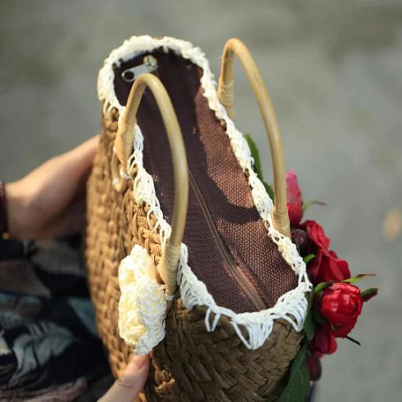 Летние соломенные сумки для женщин 2018 Роскошные цветы ручной работы Тканые