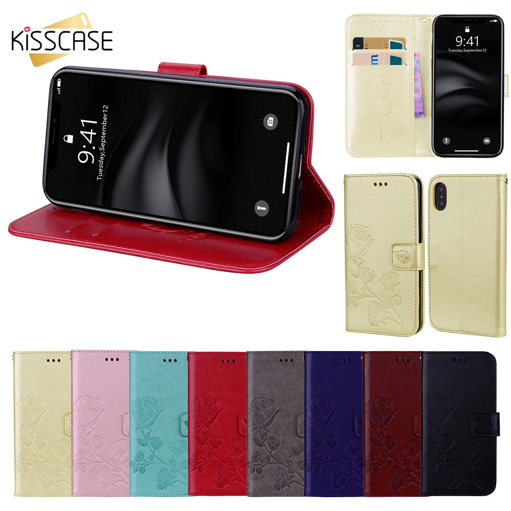 Кожаный чехол KISSCASE с объемным цветком для iPhone XS Max XR 10 X откидной крышкой 5 5S SE 6 6s 7 8