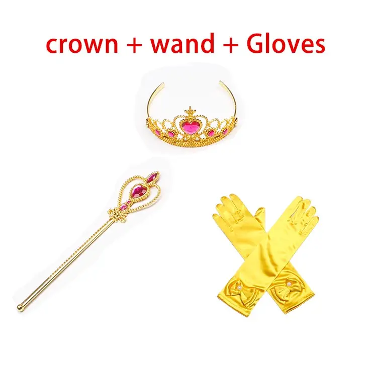 Crown Wand Glove Платье принцессы Белль для девочек; карнавальный костюм; Детские Вечерние платья желтого цвета с открытыми плечами; платья на Хэллоуин с короной и волшебной палочкой - Цвет: Crown Wand Glove