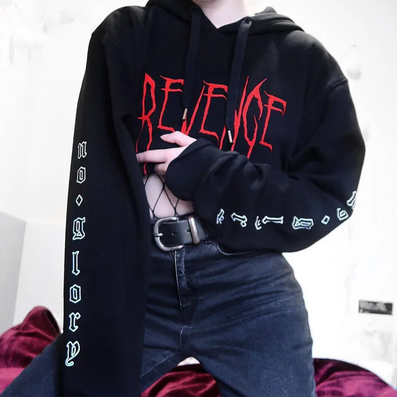 Pkorli Revenge No Glory Толстовка Womene Black Tumblr Вдохновленный эстетической анти социальных бледно пастельные гранж эстетические толстовки
