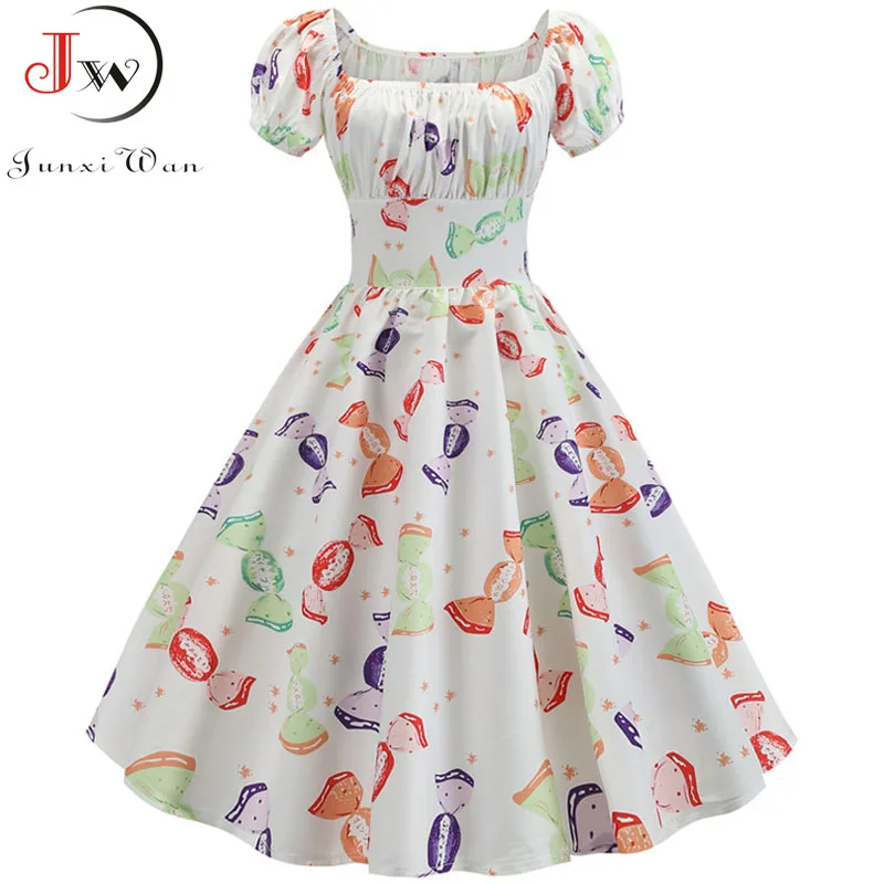 

Women Summer Vintage Dress Floral Print Short Sleeve Elegant Party Retro Rockabilly Dress robe longue White Midi