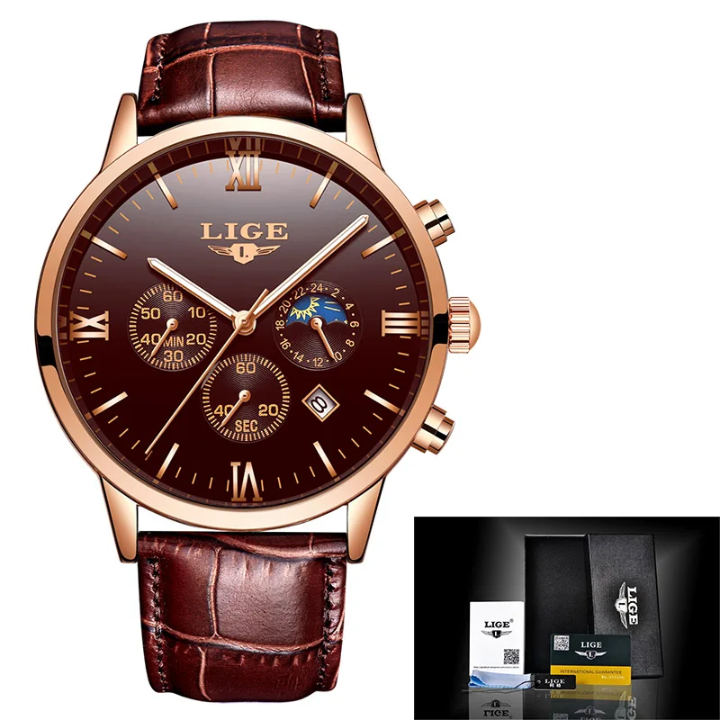 LIGE мужские s часы лучший бренд класса люкс модные часы мужские кожаные кварцевые часы для мужчин водонепроницаемые розовое золото Relogio Masculino - Цвет: Rose gold brown