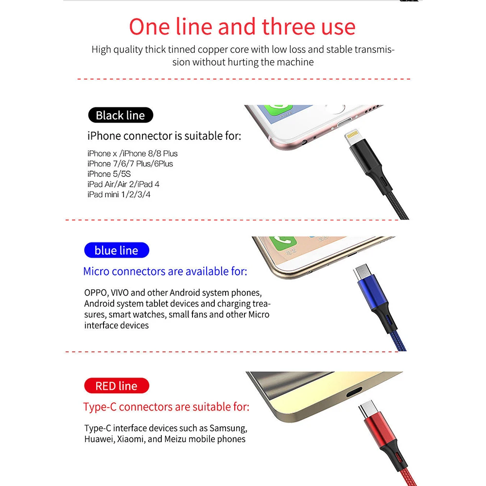 Упаковка 3 в 1 Micro USB/Тип C/IOS быстрая Зарядное устройство синхронизации данных зарядный кабель для Iphone/HUAWEI/Xiaomi/samsung