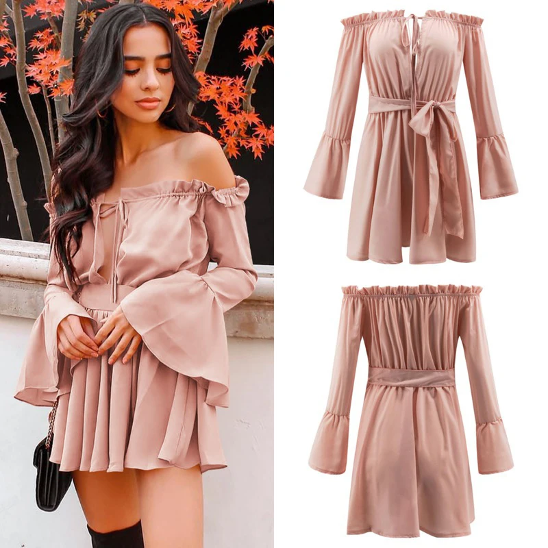 Boho шифоновое пляжное Летнее мини-платье с рюшами рукавами-колокольчиками и