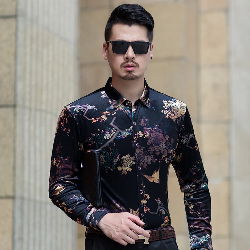 Mens gold velvet dress shirt autumn sexy male long sleeve flroal free shipping | Мужская одежда