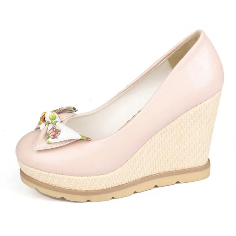 Женские туфли на танкетке TAOFFEN офисные с бантом и принтом размер 33 41|wedge pumps|pumps
