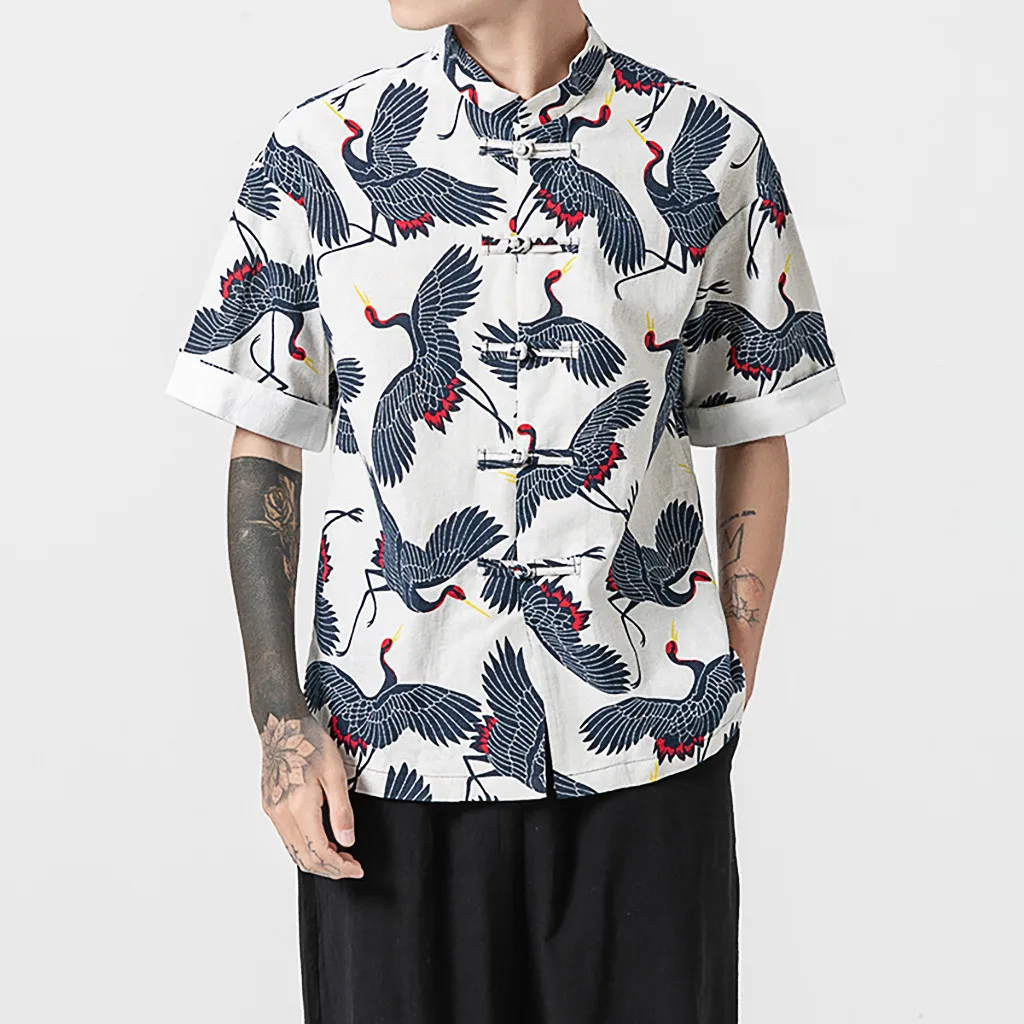 Camisa мужская летняя рубашка с принтом короткий рукав многоцветная со стоячим