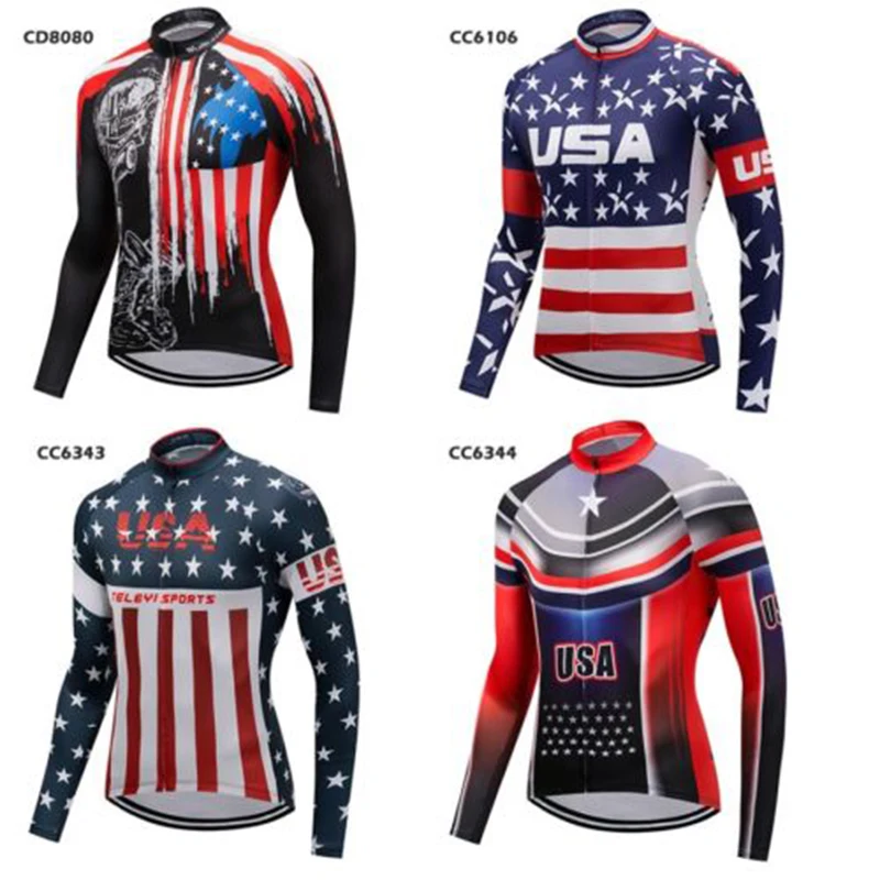 

USA Style Mens Long Sleeve Cycling Jersey Tops Bicycle Cycling Clothing Ropa Ciclismo MTB Bike Jersey Shirt USA Flag S-4XL