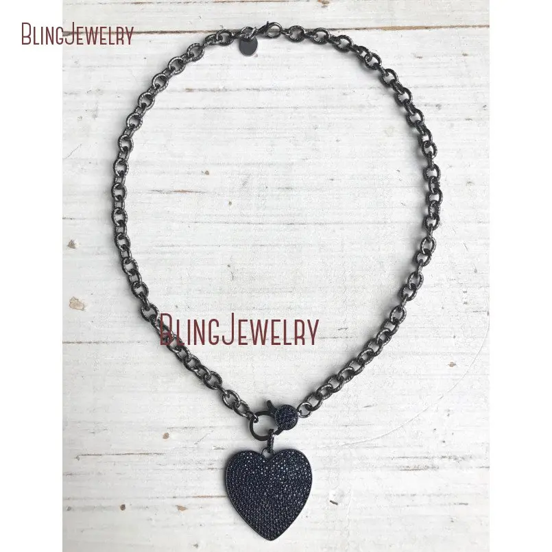 Gunmetal Pave черный кристалл Застежка чокер сердце кулон на текстурированная цепь