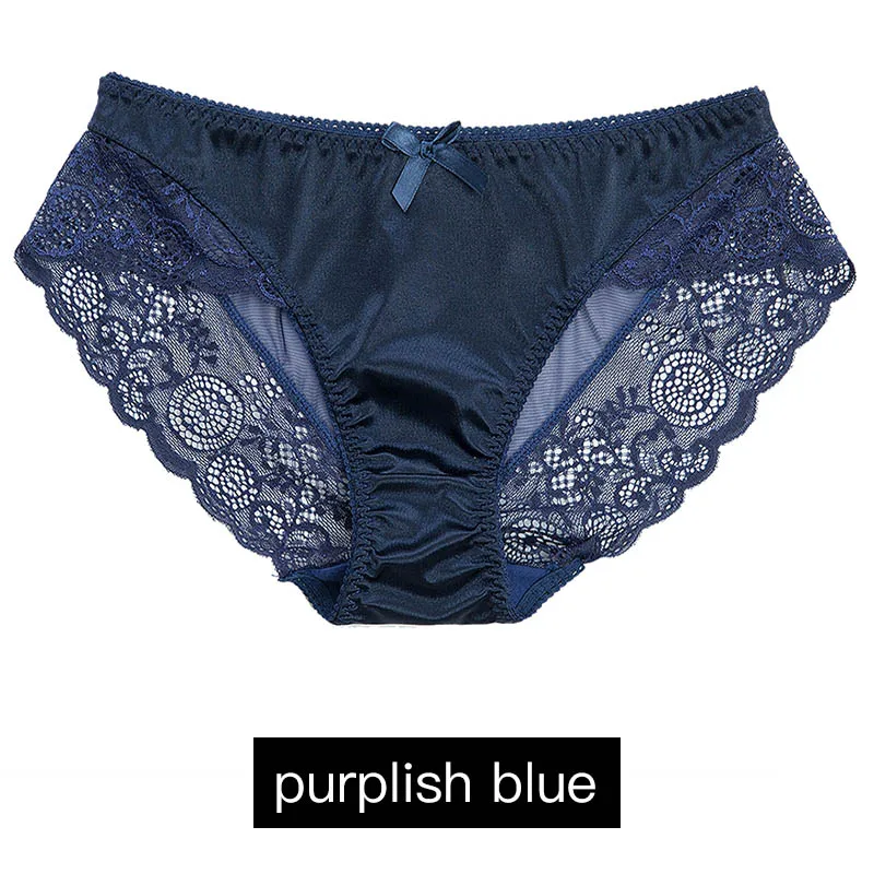 purplish blue Сексуальная атласная Женская пижама с кружевом трусики женское нижнее белье прозрачные кружевные трусики Танга Трусики мягкие блестящие атласные трусики - Цвет: purplish blue