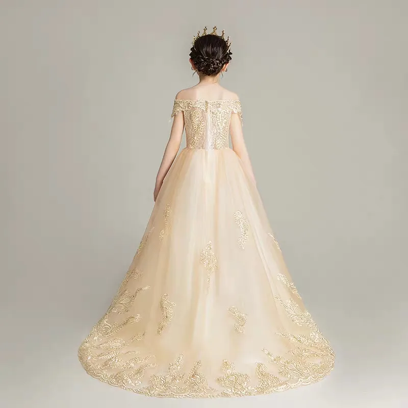 

2019Summer Luxury New Children Model Show Catwalk Long Tail Lace Dress Girls Kids Elegant Champagne Birthday Evening Party Dress