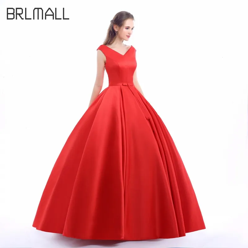 BRLMALL Simple Sleeveless Red A Line Prom Dresses Party Gown Crew Bow Satin Sweep Train Evening Formal Dress robe de soiree | Свадьбы и