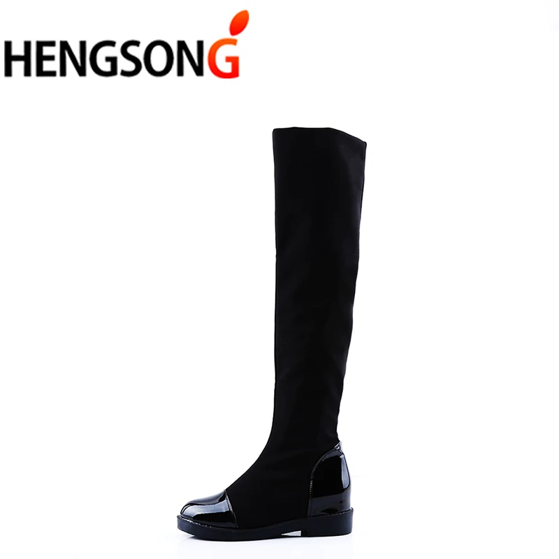 HENGSONG стрейч ткани бархатные сапоги Женские зимние тонкий плоский модные до