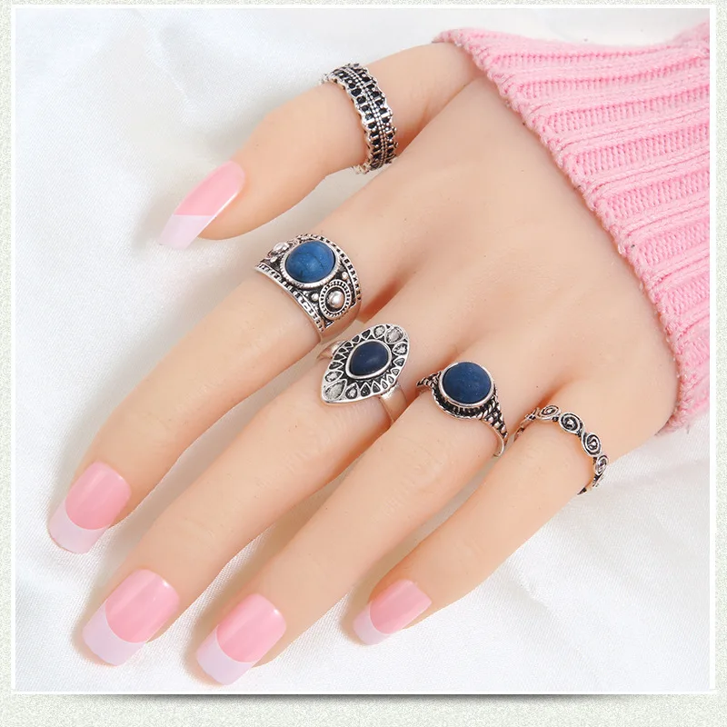 5 шт. винтажные кольца в античном стиле из сплава с натуральным синим камнем