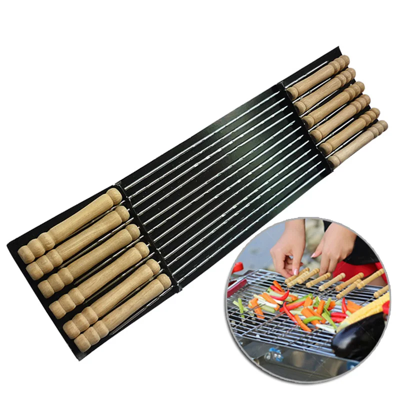 12pcs/lot 38cm/15''Wood BBQ Kebab Stick Metal bbq Skewers Wooden Barbecue Roasting Needle Grilling Kebob Skewer set | Дом и сад