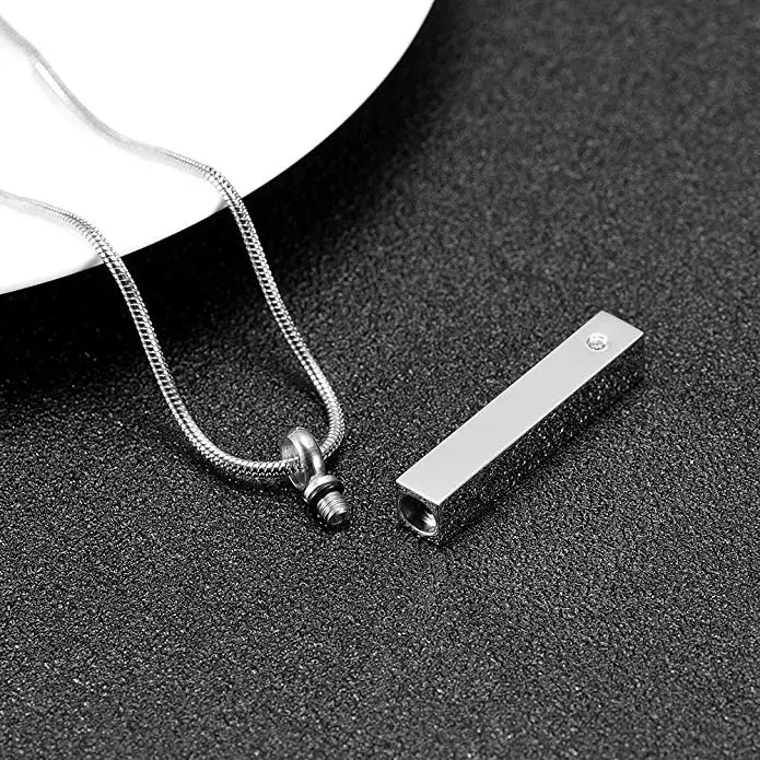 

JJ001 Inlay Clear Zircon Bar Stainless Steel Cremation Urn Necklace Pendant For Ashes Keepsake Memorial Jewelry - Free Engraving