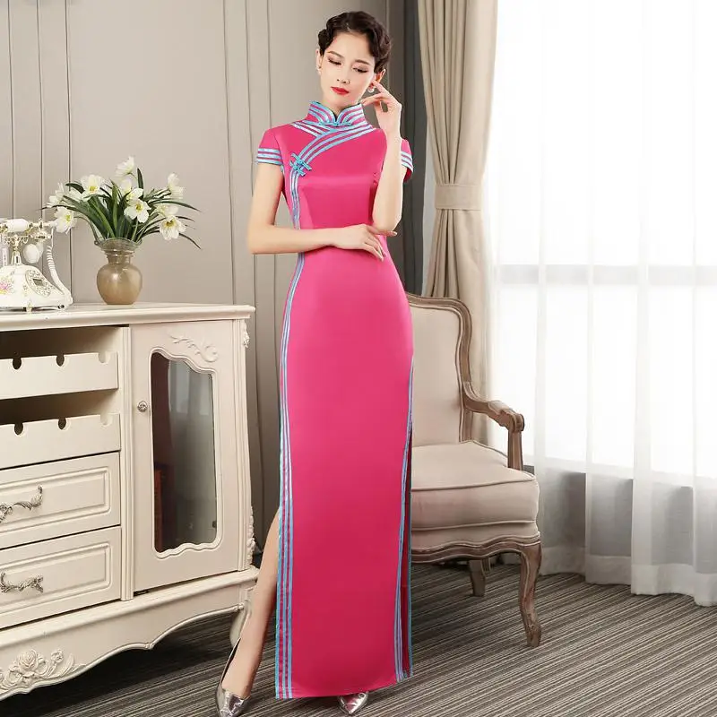 Модные макси Вечерние Cheongsam Восточное вечернее платье Китайский длинный стиль женское элегантное Qipao Мини платье Vestido размера плюс S-5XL - Цвет: Hot Pink