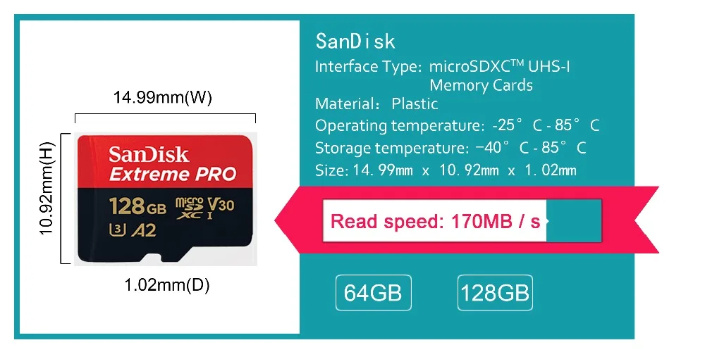 SanDisk Extreme PRo microSDXC/microSDXC UHS-I 64 Гб 128 ГБ A2 карта памяти micro SD карта TF 170 МБ/с./с класс 10 U3 с адаптером SD