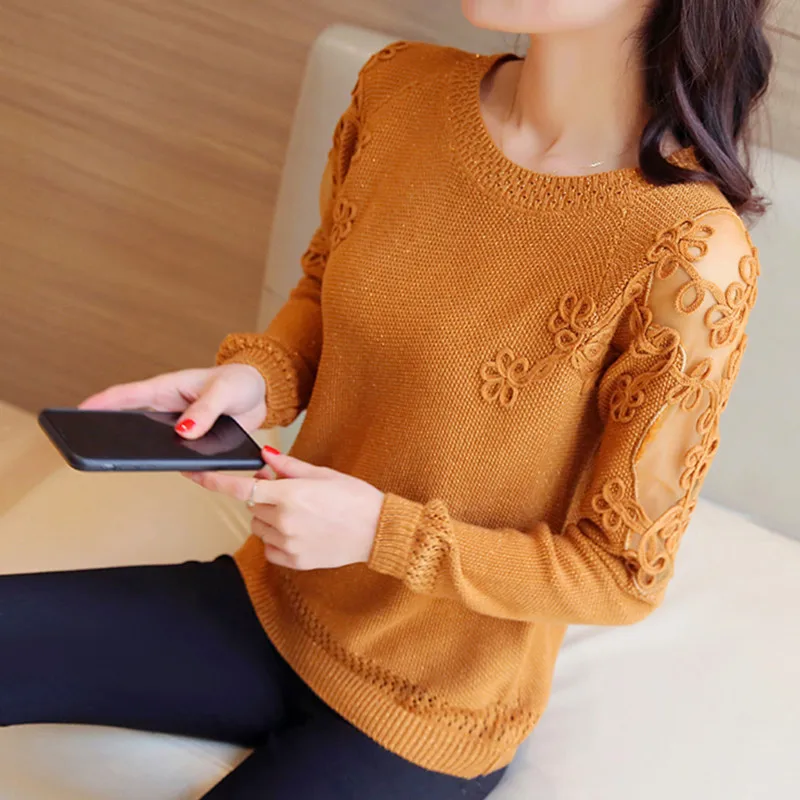 YAGENZ Lace Patchwork Knit Sweater Spring Autumn Women Long Sleeve Pullover Knitted Basic Sweaters Tops Femme | Женская одежда