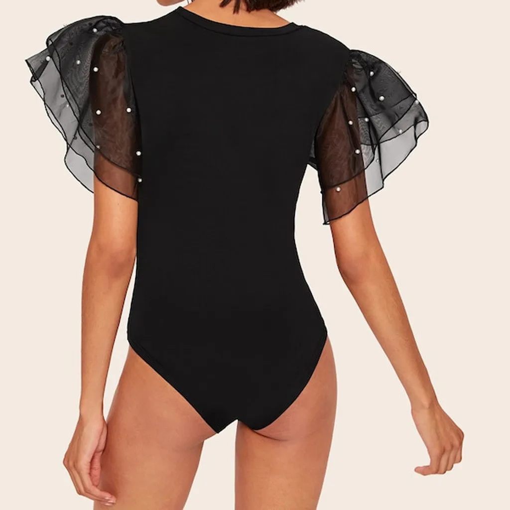 Женская одежда с коротким рукавом и принтом в виде глаз Сетчатое боди манжетами