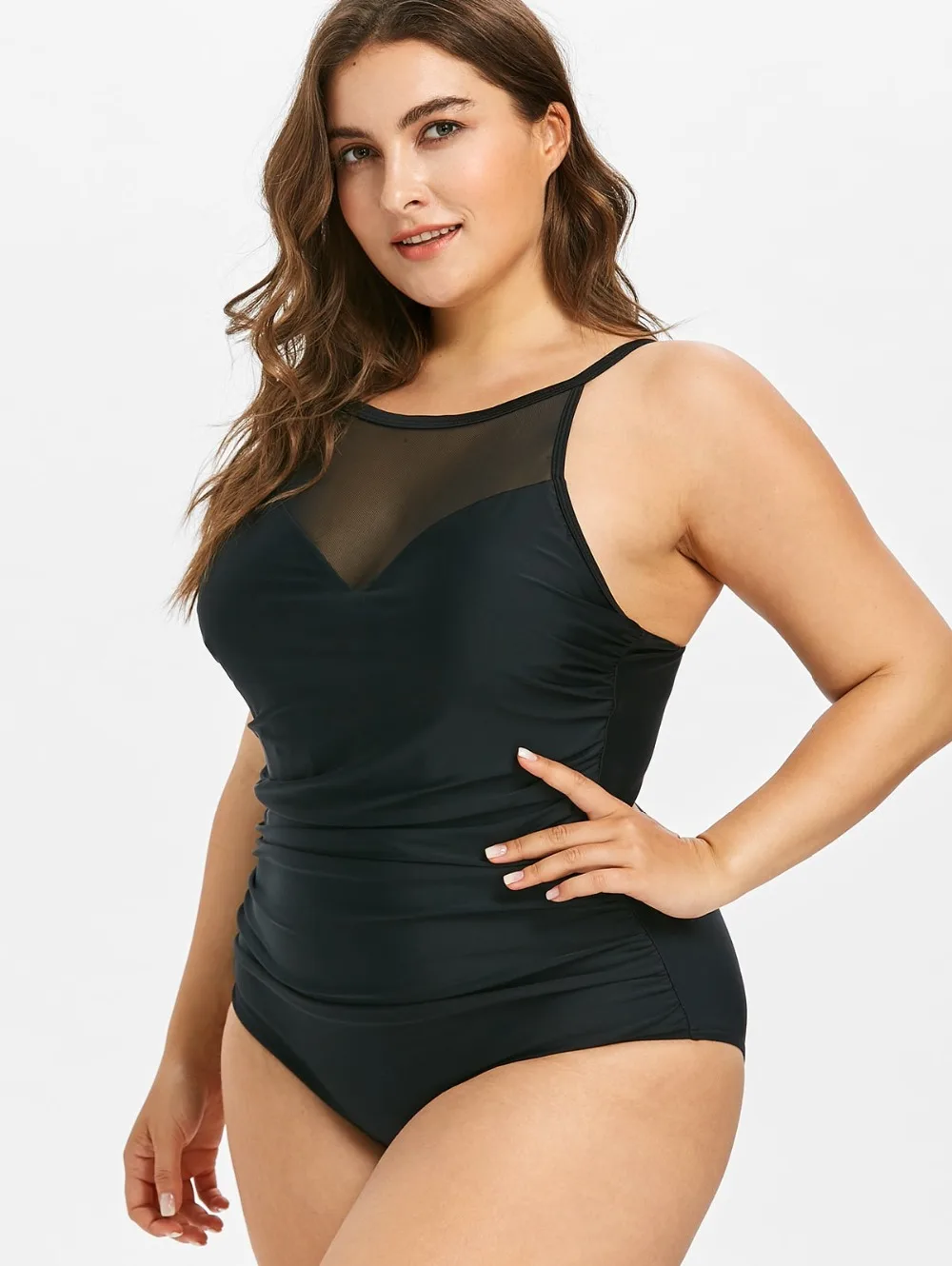 Plus Size Swimsuit One Piece Swimwear Women Tummy Control Bodysuit Sexy Mesh Transparent Patchwork Bathing Suit Black Red 4XL | Спорт и