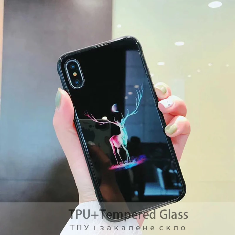 LUOYY FENJJ Luminous Tiger Case for IPhone 6 6s Plus 5 5s SE Hard PC Back Cover Tempered Glass 7 8 X Coque |