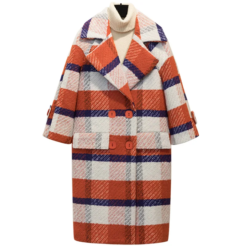 2018 Plaid Wool Coat Winter V-neck Thick Women Long Woman Double Breasted Overcoat Solid | Женская одежда