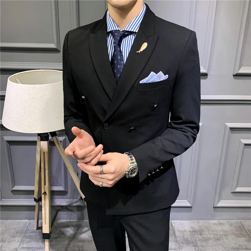 

Men's Boutique Wedding Party Blazers Suits Business Casual Double-breasted Slim Solid Three-piece Suits (Jacket+Vest+Pants)