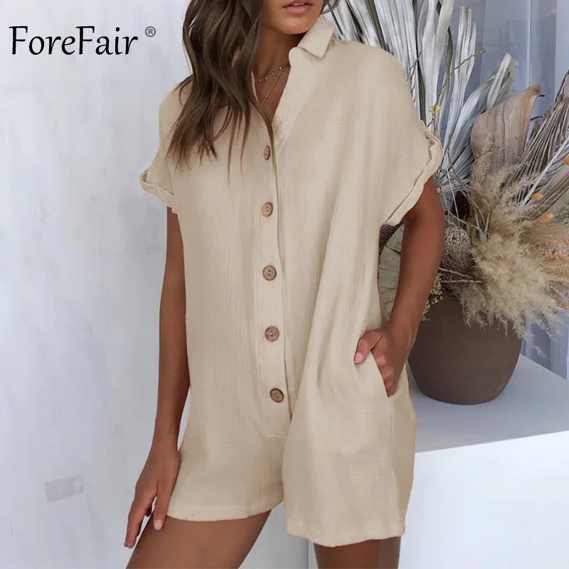Forefair летние шорты с длинными рукавами льняные легкий костюм с шортами Для женщин комбинезоны Повседневное на пуговицах с карманами трубки, свободные, широкие в ноге, сексуальный комбинезон с шортами