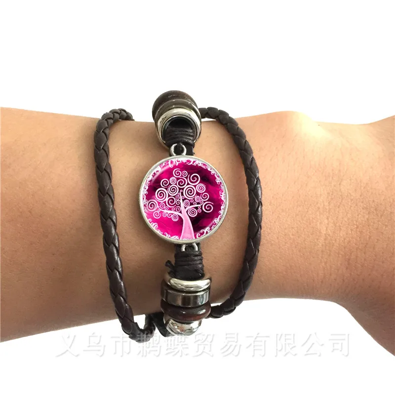 Life Tree Leather Bracelet Glass Cabochon Black/Brown 2 Color Trendy Statement Bangle Fashion Men Women Jewelry Gift | Украшения и