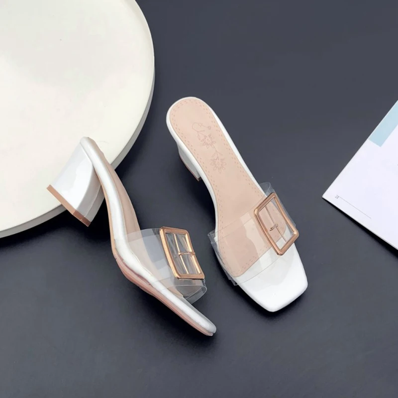 ?? 奪う猫透明高ブロックヒールスリッパ女性サンダル夏スライドクリア PVC ミュールピープトウシューズ Zapatos Mujer 白