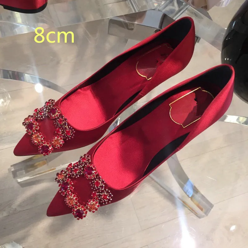 Red - 8 cm Г.,, женские атласные туфли-лодочки с острым носком, украшенные цветами и кристаллами, с пряжкой, женские вечерние туфли на высоком каблуке для свадьбы - Цвет: Red - 8 cm