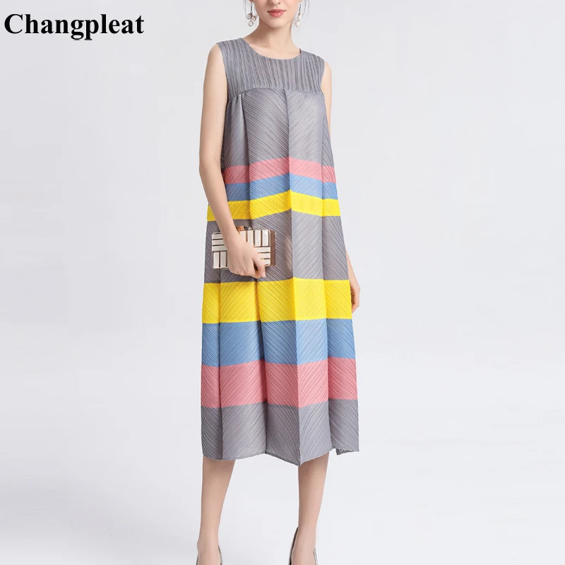 Changpleat Лето 2019 Новый Для женщин в полоску платья Miyak плиссированные рукавов О