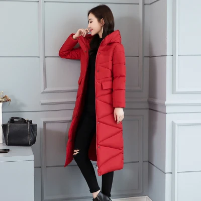 Red Корейские пальто, женская зимняя верхняя одежда, длинная теплая плотная пуховая парка, Модная приталенная куртка, женская зимняя однотонная куртка с капюшоном, пальто - Цвет: Red