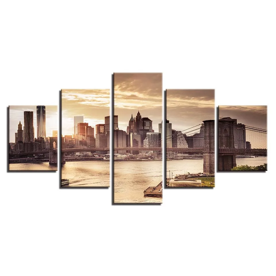 5 Pieces Wall Art Brooklyn Bridge Building Scenery Painting Framework Picture Canvas Modular HD Printed Decor Modern Living Room |