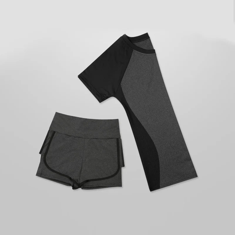 2-piece set - grey Комплект, женский бюстгальтер для йоги, спортивный костюм, быстросохнущий, 5 шт., шорты, женские, с коротким рукавом, длинные штаны, для улицы, спортивная одежда, костюм для фитнеса - Цвет: 2-piece set - grey