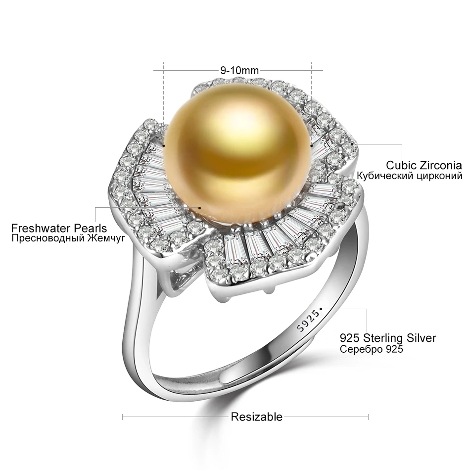 

FEIGE New Fashion Luxury Pearl Ring S925 Silver Rings Inlay Cubic Zirconia 9-10MM Golden Freshwater Pearl Jewelry for Women Gift