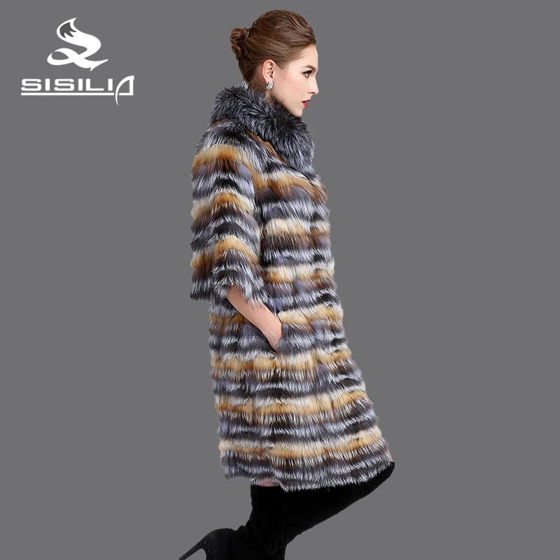SISILIA 2016 Новый стиль женская мода silver fox пальто натуральная Кожа Цвета Silver сустава