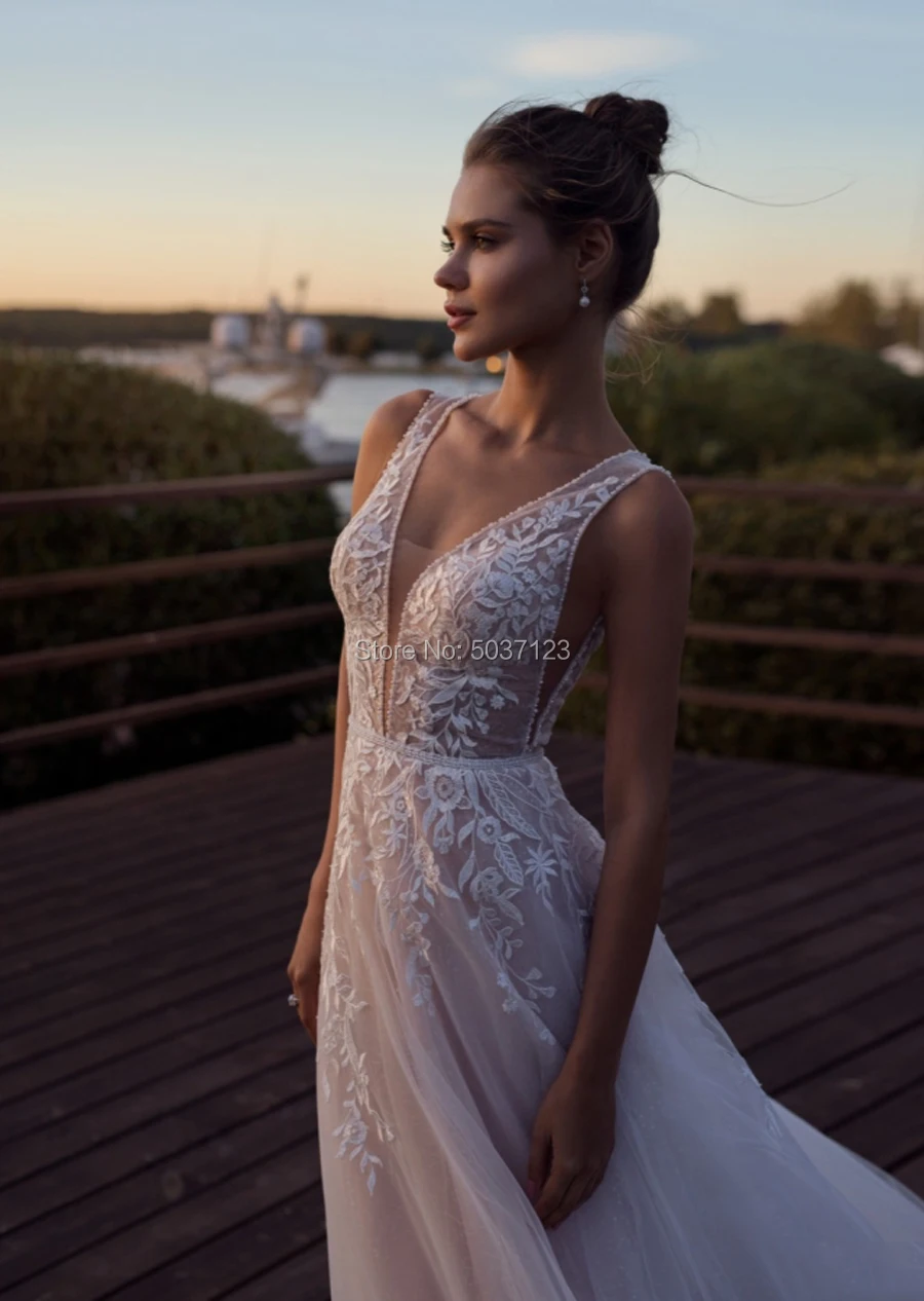 A Line Wedding Dresses Tulle Lace Appliques Sleeveless Deep V Neck Bridal Gown Vestido De Noiva with Court Train 2021 | Свадьбы и