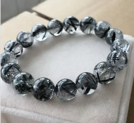 Натуральный Бразилия 10 мм Черный Rutilated кварцевые хрустальные бусины браслет
