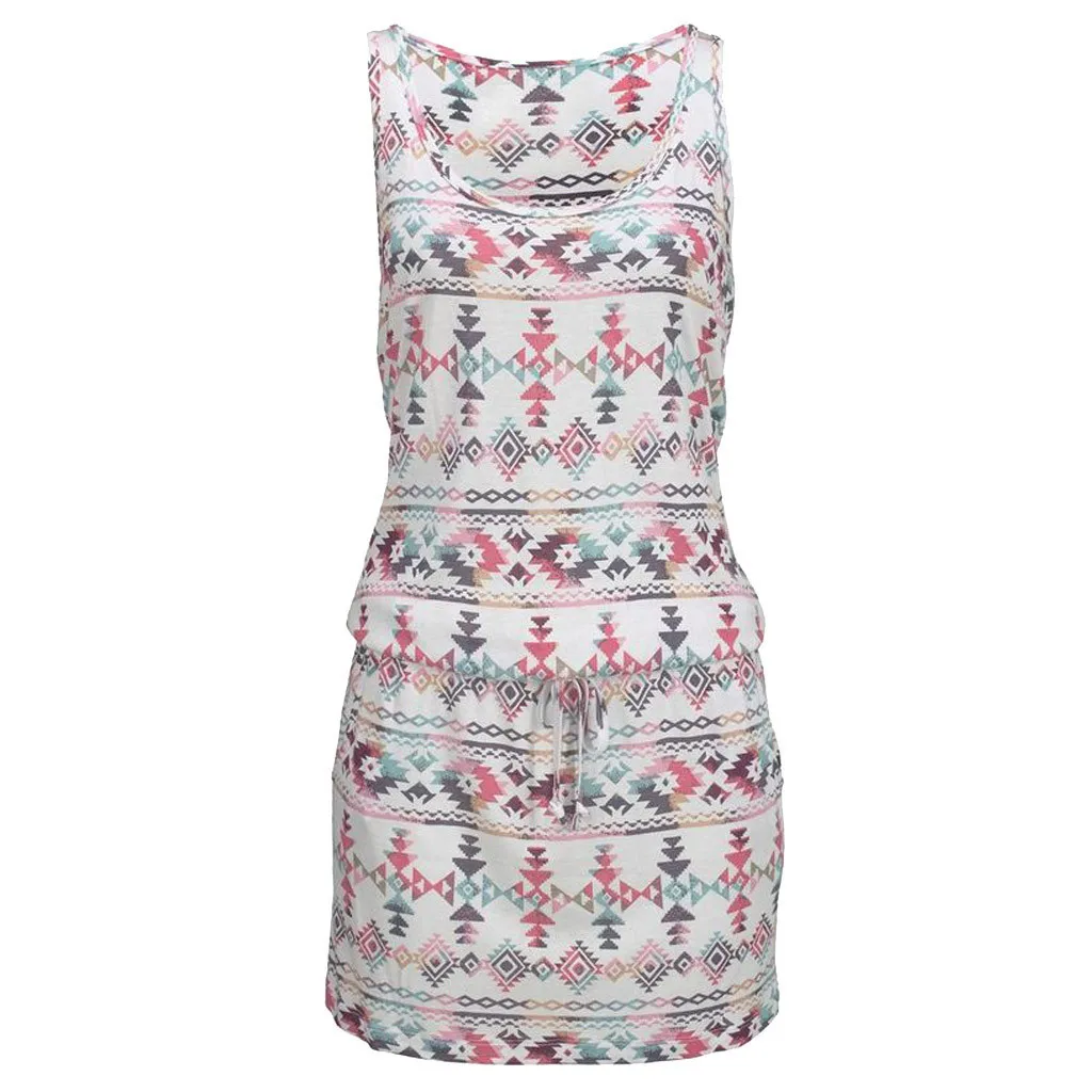 Women Sleeveless Beach Dress Multicolor Printed Pockets Casual Dresses Ladies Tie Waist O Neck Short Tanks #EP | Женская одежда