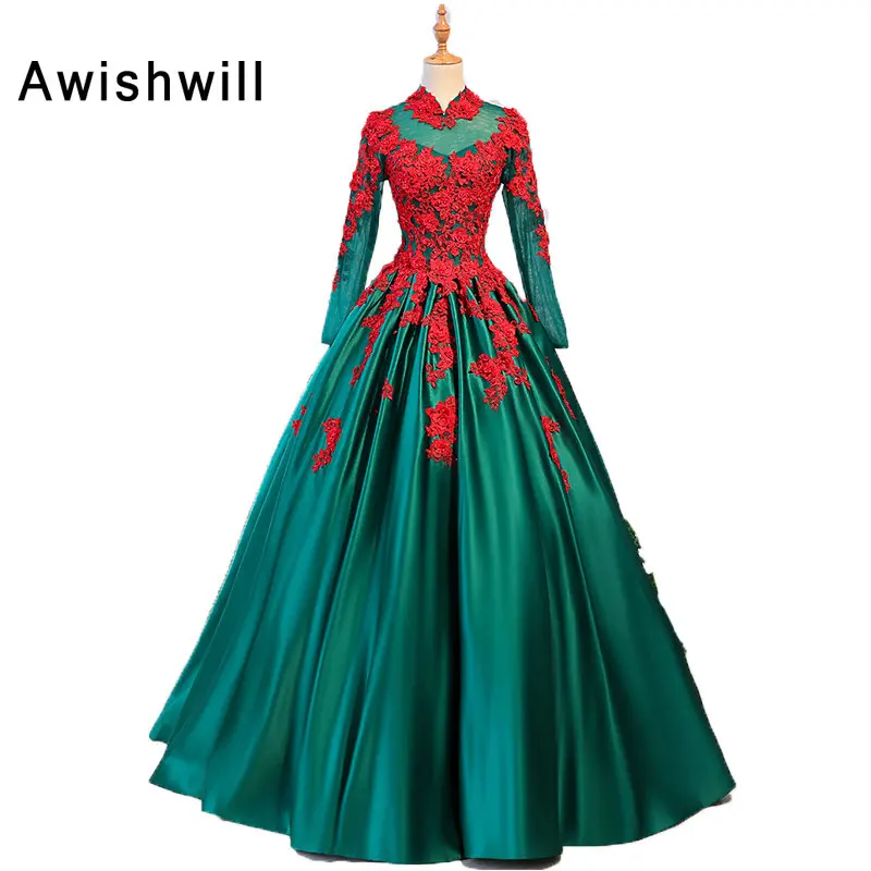 2020 Зеленые Длинные Формальные платья с высоким горлом атлас кружевом бусинами