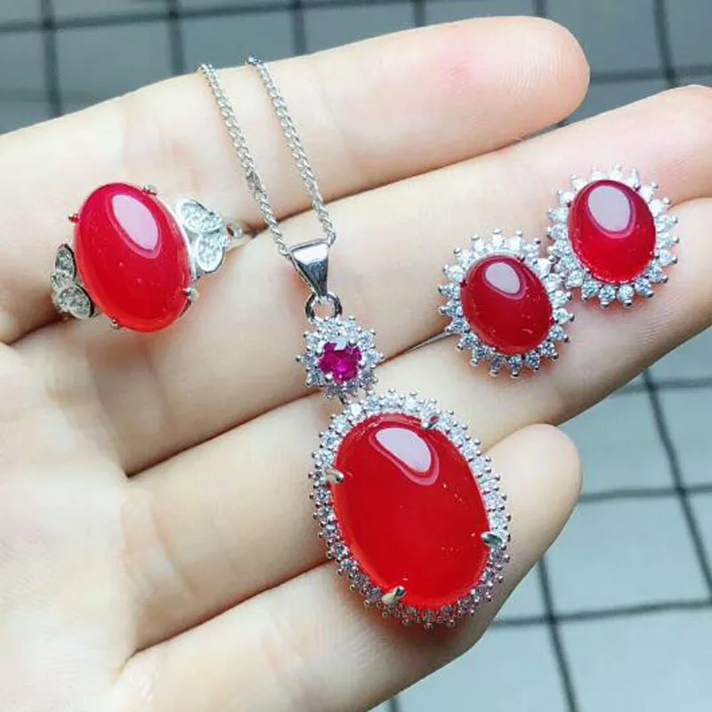 

Natural Red Chalcedony Trendy Women with 925 Silver Pendant Ring Earring Party