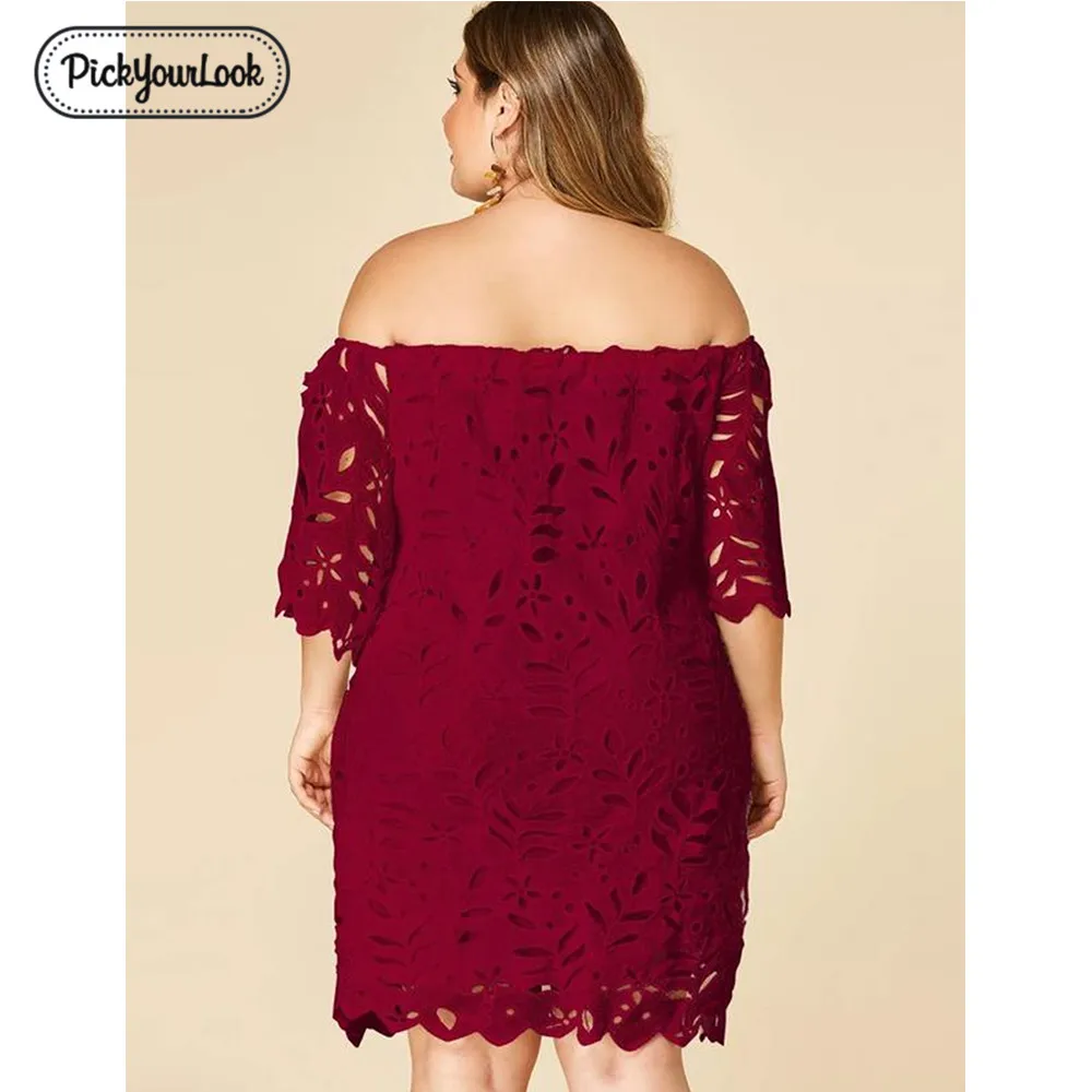 Pickyoulook размера плюс Для женщин миди платье вечерние свадебные летнее открытое кружевное платье с открытыми плечами элегантное платье большой Размеры женская обувь H45