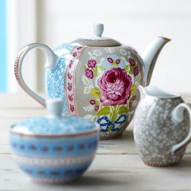 

Dutch Colorful Garden Rose Flower Ceramic Teapot Ornate Gold Border Pattern Afternoon Teapot