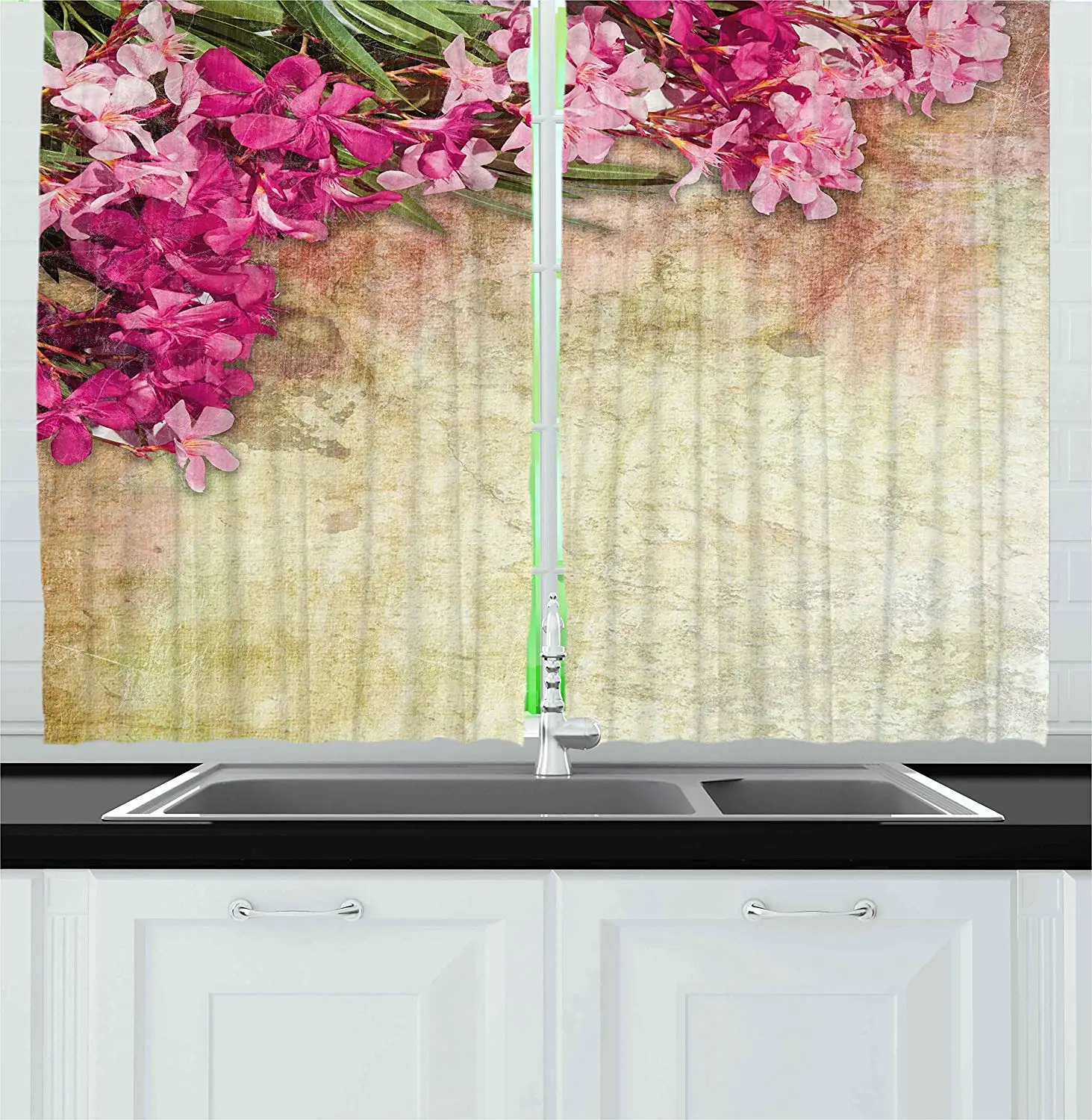 Floral Curtains Vintage Illustration of Oleander Flowers Distressed Retro Background Window Drapes for Living Room Bedroom | Дом и сад